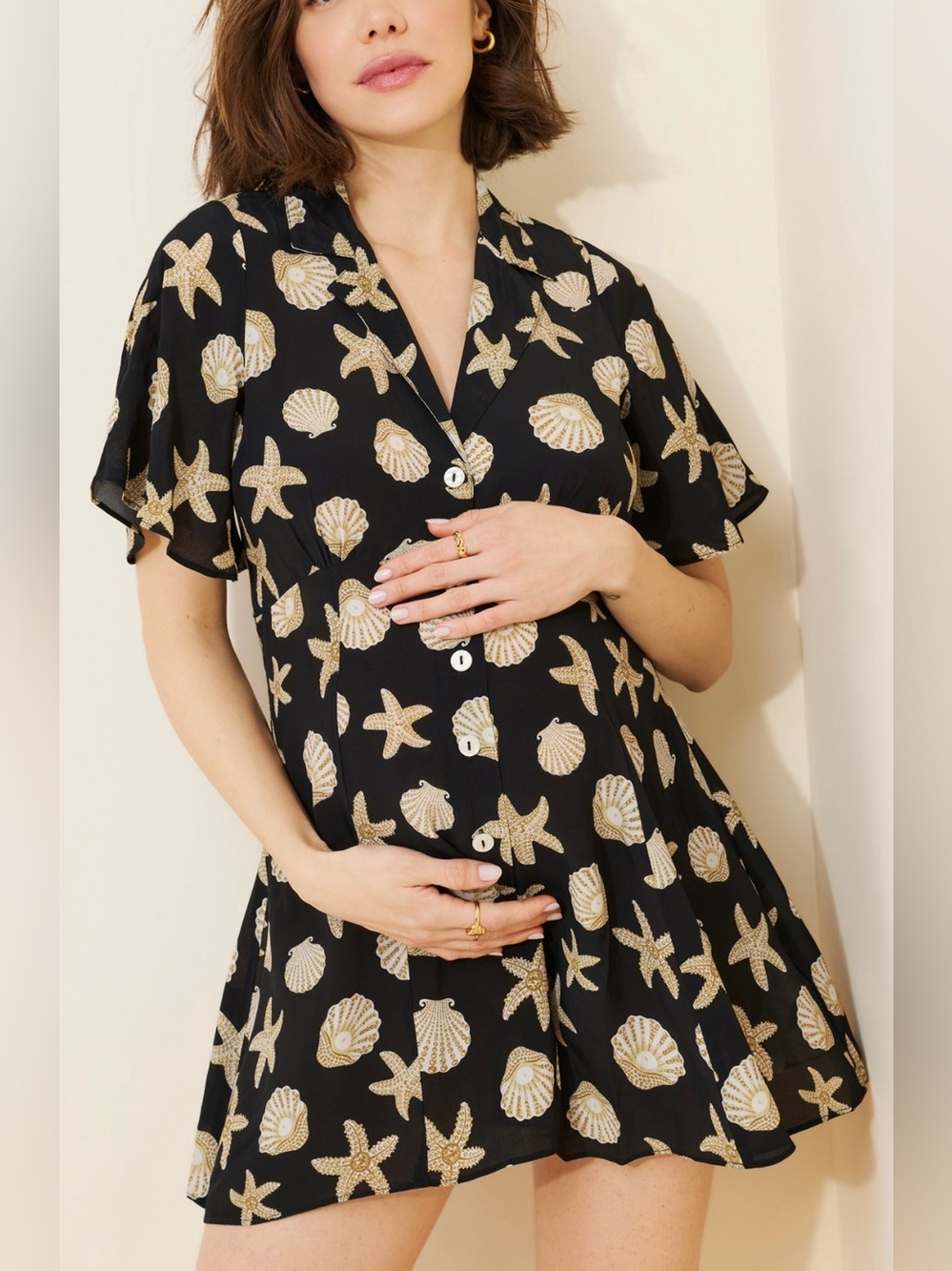 Saylor Maternity Black Shell & Starfish Print Button-Front Romper